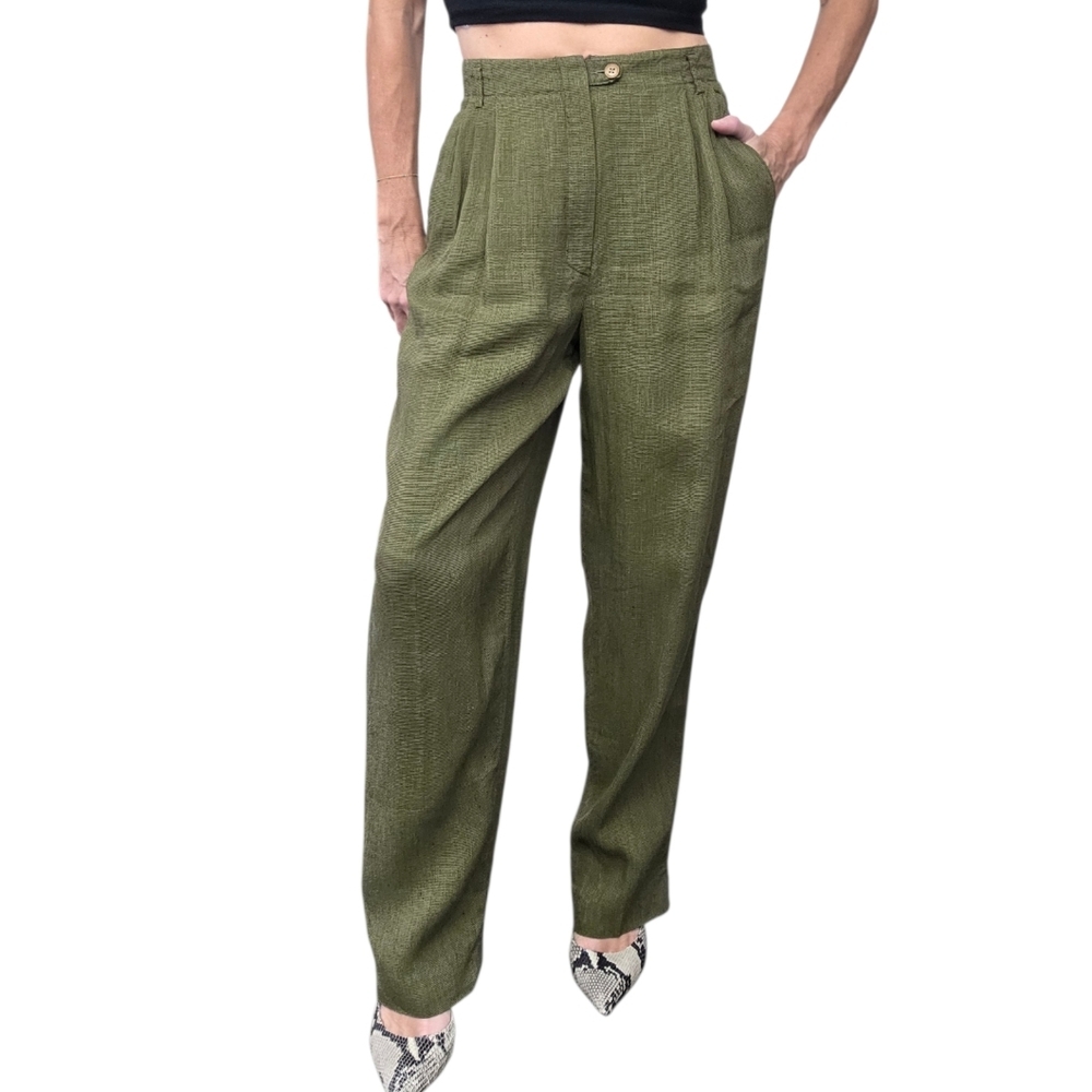 Vintage 90s Zanella Italy Olive Micro Check Pleated Trousers 25W